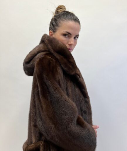Real brown mink premium lavish mink fur long hooded coat in supple Demi buff pelts with belt. Stunning let out stroller.Luxury gift for her.