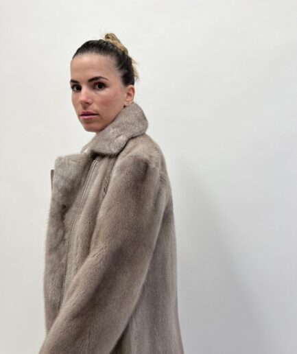 Real silver mink biker long fur coat in let out technique with zippers, stylish and warm mink jacket from Saga, Luxury fur gift for women.