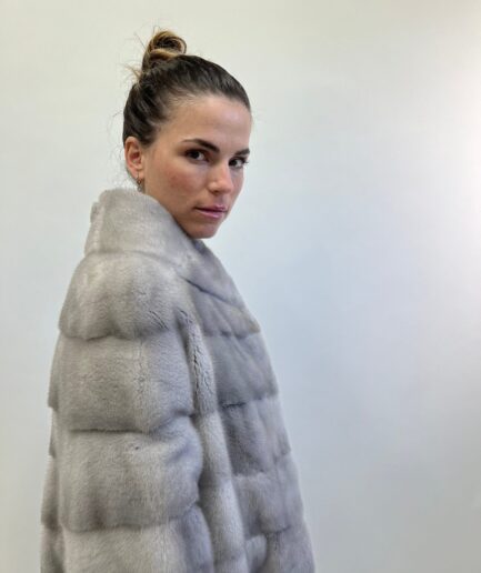 Real sapphire mink fur coat horizontal grey mink fur stroller with high collar. stunning mink fur pelt coat. Luxury gift for her.