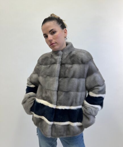 Real sapphire mink fur jacket with navy blue and white horizontal grey mink fur with collar.Modern mink fur. Luxury gift for her.