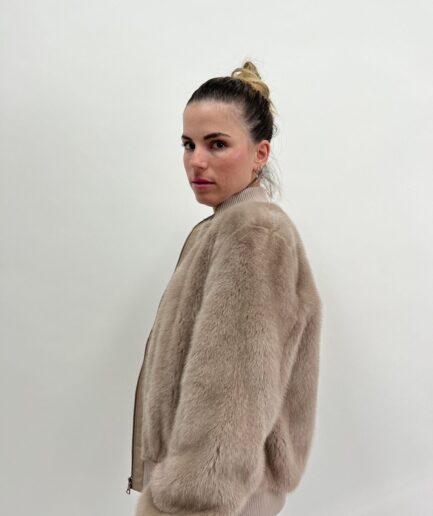 Real taupe fur mink bomber with knit and leather . Stylish and fresh mink fur jacket. Lightweight and extremely warm mink Luxury fur gift.
