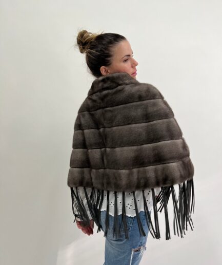 Real grey mink fur poncho with leather tassel , one size stylish cape from saga blue iris fur. Luxury gift for her.