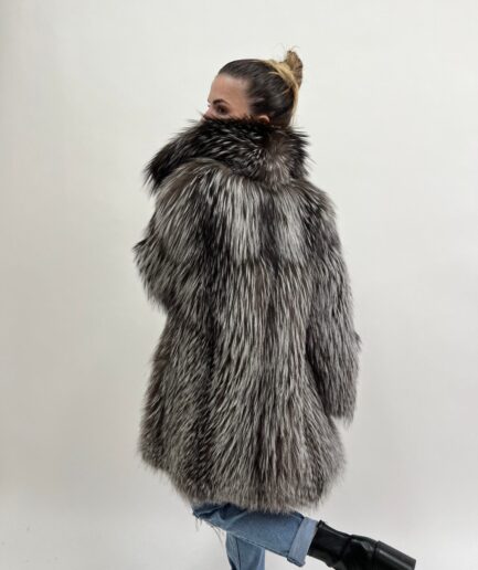Real silver fox fur classic coat with high collar, stunning fox stroller in let out fur . Unique and warm luxury fur gift for women.