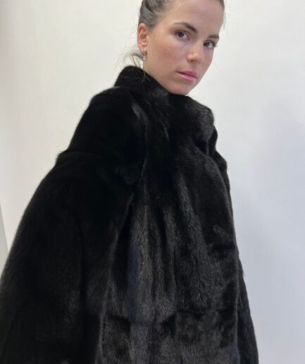 Real black skin on skin straight line fur coat, Saga furs supple male pelts with stand up collar. Stunning Luxury gift for her.
