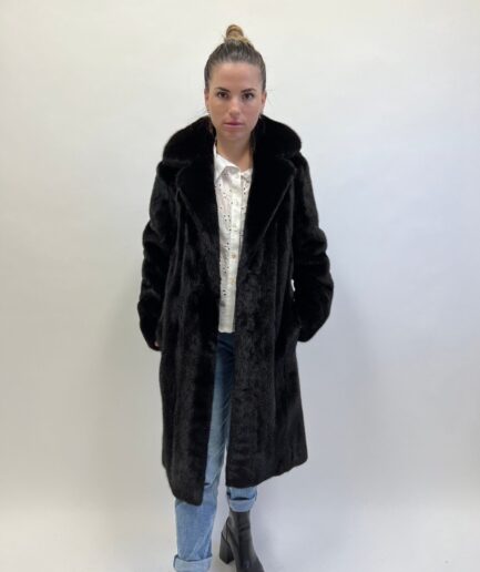 Real black velvet mink let out straight line fur coat,  supple male pelts with stand up collar. Stunning Luxury gift for her.