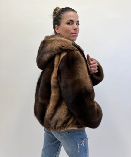 Real tan brown degrade fur mink jacket Saga furs with elastic back hem. Stylish and easy to wear hooded mink. Luxury fur gift.