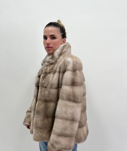 Real silver mink fur jacket horizontal grey mink fur stroller with high collar. stunning mink fur pelt coat. Luxury gift for her.