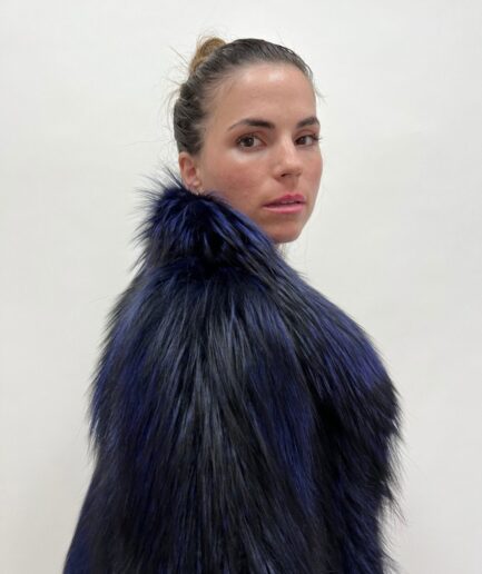 Real navy blue fox fur fluffy coat with collar, stunning fox stroller in let out fur . Unique and warm luxury fur gift for women.