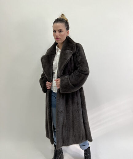 Real graffite let out mink superior fur long coat with belt and notch collar in supple pelts Copenhagen fur. Stunning Luxury gift for her.