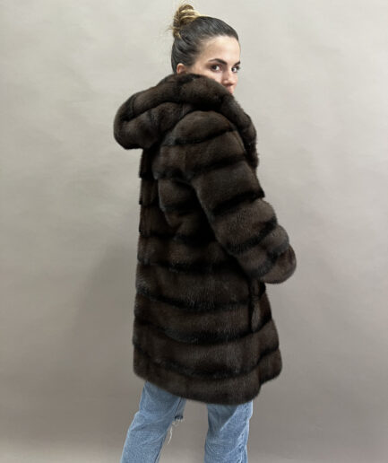 Real brownish mink fur horizontal hooded coat, lavish supple Aurora mink fur with stripe. Super warm full skin fur jacket.Luxury fur gift.