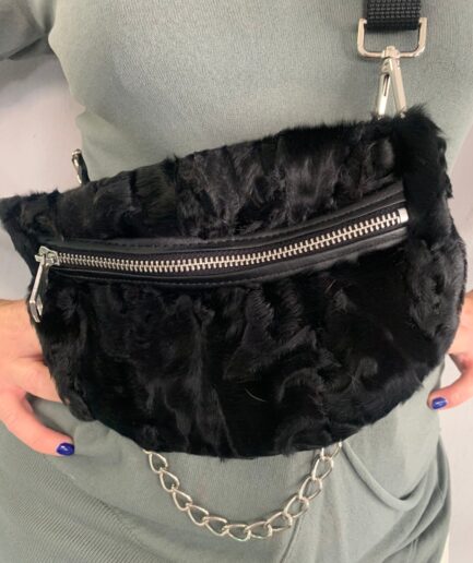 Real lamp fur bumbag in black with chain and zipper, wearable on waist, back or shoulder. Soft and lined fanny mink fur bag. Luxury gift