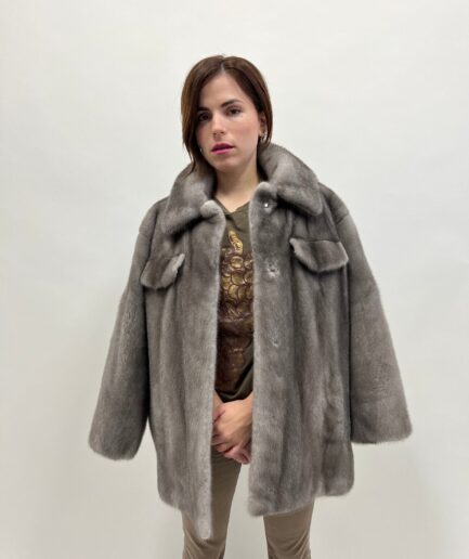 Real blue iris mink fur over-shirt coat with pockets, grey boxy style fur with collar.Modern and affordable mink fur luxury gift for her.