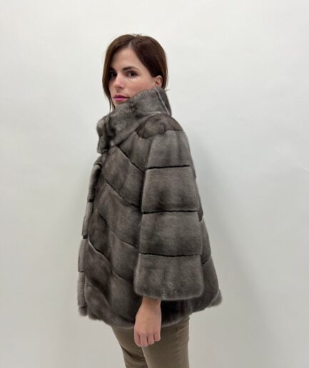 Real blue iris mink fur coat diagonal with black sheared fur stripe.Stunning grey mink fur pelt coat. Affordable Luxury gift for her.