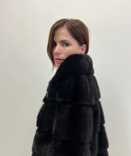 Real Saga fur mink fur horizontal coat, lavish black supple mink fur with sheared stripe full skin fur jacket.Affordable luxury fur gift.