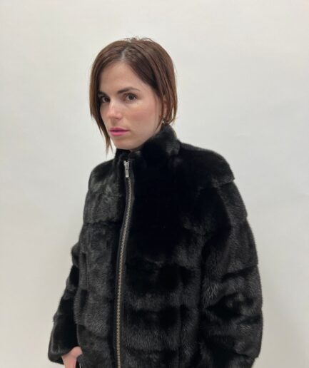 Real black mink horizontal zipped fur coat, Saga supple male pelts long modern coat with stand up collar.Affordable luxury gift for her.