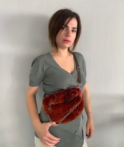 Real fur bumbag in terracotta rabbit fur with chain for waist, back or shoulder. Soft and lined fanny fur bag with strap. Luxury gift