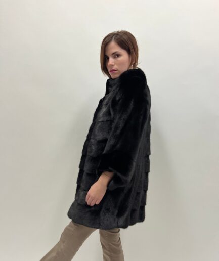 Real mink fur horizontal collared coat,Saga lavish black supple mink fur assured jacket with diagonal sleeves. Affordable luxury fur gift.