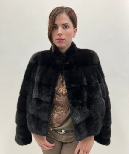 Real mink fur horizontal collared short jacket. Blackglama lavish black supple mink fur bolero full skin fur. Affordable luxury fur gift.