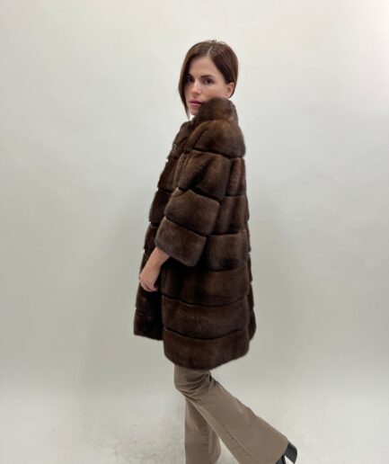 Real brown mink Saga fur horizontal coat with sheared brown supple mink fur trim. Demi buff full skin affordable fur jacket.Luxury fur gift.