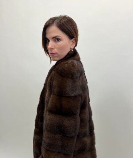 Real brown mink horizontal zipped fur coat, Saga supple male pelts long modern coat with stand up collar.Affordable luxury gift for her.