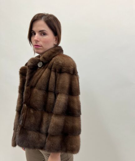 Real mink fur horizontal collared short Demi buff jacket. Saga lavish brown supple mink bolero full skin fur. Affordable luxury fur gift.