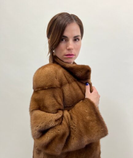 Real golden mink fur horizontal coat,Saga lavish supple mink fur coat warm and practical with drawstring full skin jacket.Luxury fur gift.