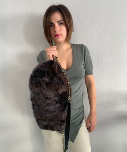 Real cloud pouch mink fur in brownish grey slouchy shoulder bag with two bronze straps. Unique Luxury fur gift cross-bag.