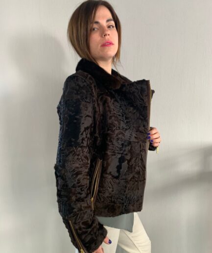 Real fur dark brown lamb biker jacket with mink collar. Modern Swakara with leather details zipped short jacket. Luxury fur gift.