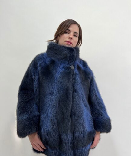 Real blue raccoon fur cape with collar, one size fabulous navy and black fur cape with pockets, warm supple and affordable luxury fur gift.