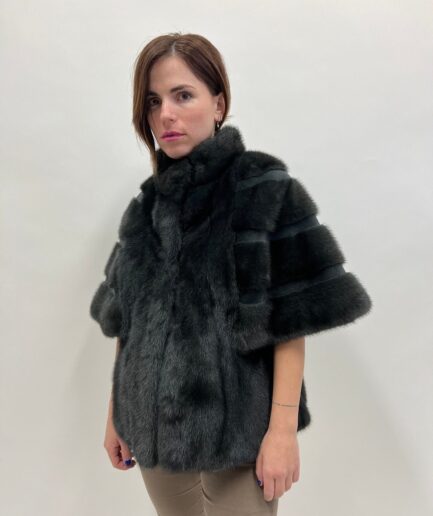 Real midnight blue mink fur cape style jacket with sheared mink fur details.Saga furs. Modern and affordable mink fur luxury gift for her.