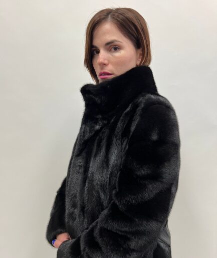 Real black velvet mink let out straight line fur coat, Nafa supple male pelts with collar and leather belt.Affordable luxury gift for her.