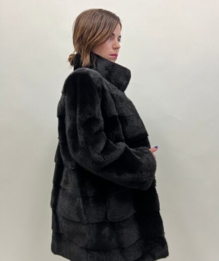 Real mink fur horizontal collared coat,Saga lavish black supple mink fur coat full skin fur jacket. Affordable luxury fur gift.