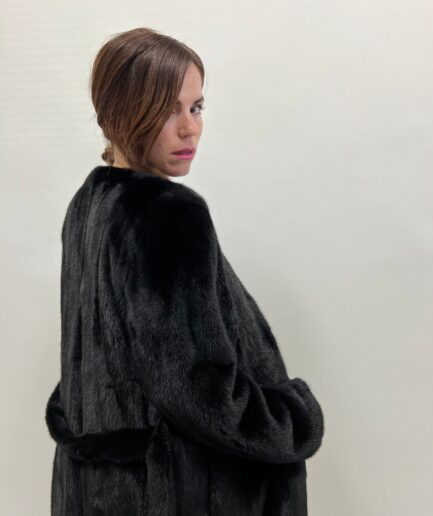Real black velvet mink let out robe fur minimal coat, Saga supple male pelts assured with collar and belt .Affordable luxury gift for her.