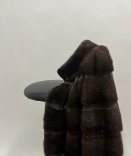 Real brownish mink Saga fur horizontal coat with sheared fur supple mink fur trim. Grayish full skin affordable fur jacket.Luxury fur gift.
