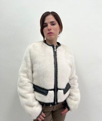 Real white fur mink short collarless jacket with leather details. Stylish and modern mink jacket. Lightweight and edgy mink Luxury fur gift.