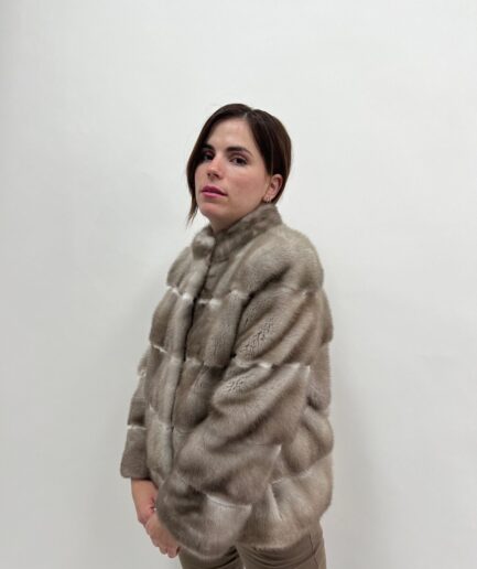 Real silver mink fur jacket horizontal grey mink fur stroller with sheared mink trim. Stunning mink fur pelt coat. Luxury gift for her.
