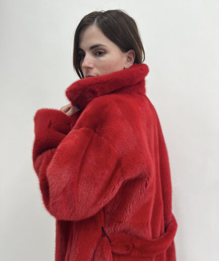Real fire red mink belted fur coat in Saga fur quality, lavish and edgy notch collar mink jacket. Affordable luxury fur gift for women.