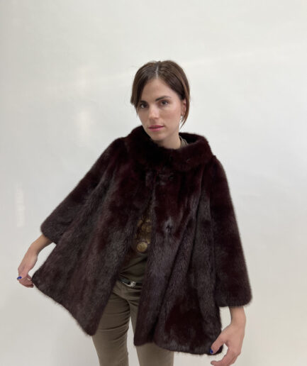 Real Burgundy mink fur jacket in Saga fur quality, lavish and edgy stand up collar mink coat. Affordable luxury fur gift for women.