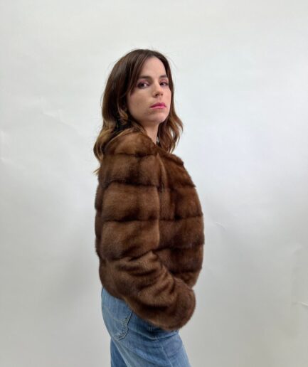 Real mink fur collared short Demi buff jacket.Lightweight brown supple mink bolero full skin fur. Affordable luxury fur gift.