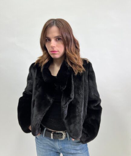 Real mink fur collared short black Copenhagen fur jacket.Super rich and lavish mink bolero full skin. Affordable luxury fur gift.