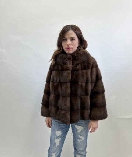 Real brown mink fur horizontal jacket, lavish brown Saga mink fur coat warm and practical Demi buff full skin fur jacket.Luxury fur gift.