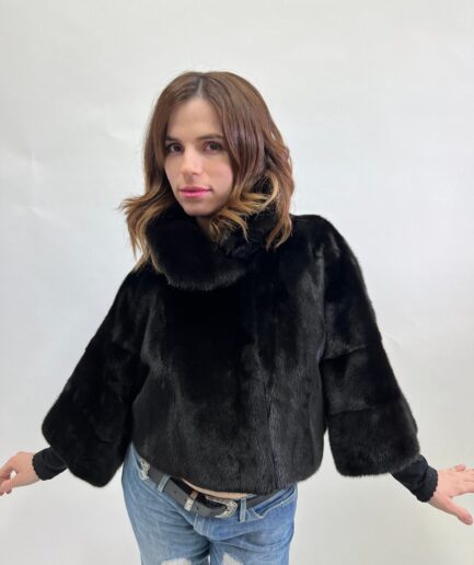 Real mink fur collared short Saga Demi buff jacket.Lightweight brown supple mink bolero full skin fur. Affordable luxury fur gift.