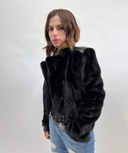 Real mink fur collared short Black Copenhagen fur jacket with leather details. Supple mink biker full skin fur. Affordable luxury fur gift.