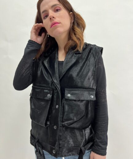 Genuine hair on leather, real cavallino fur utility long vest with belt and pockets. Lightweight transitional calf hide with clips closure