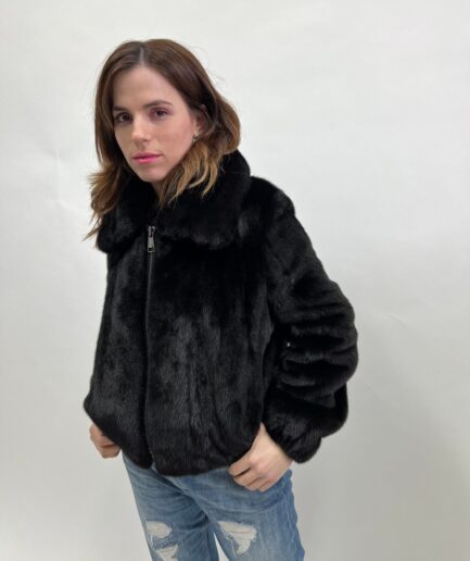 Real mink fur big collar short velvet black bomber jacket.Super rich and lavish mink with elastic hem and cuffs. Affordable luxury fur gift.