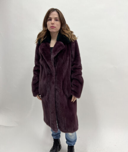 Real  velvet mink fur two tone Saga Superior coat in Berry and Green collar.Super rich and lavish mink coat. Affordable luxury fur gift.