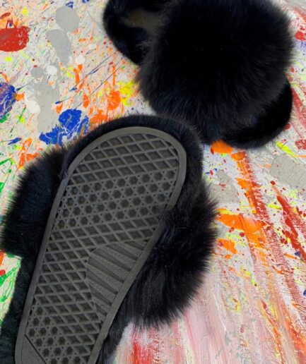 Real Fur Slides in black mink full skin rubber Fur slippon, supple mink fur flip flop sandals, luxury fur gift.