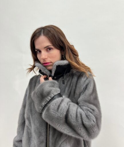 Real mink fur biker silver blue mink fur jacket with leather details. Supple mink biker full skin fur. Affordable luxury fur gift.