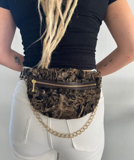 Real mink fur bumbag in brown rusty with chain and zipper,fanny pack for waist, back or shoulder. Soft and lined fanny fur bag. Luxury gift