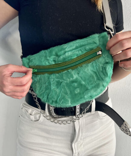 Real sheared fur bumbag green lamp fur with chain for waist, back or shoulder. Soft and lined fanny fur bag with strap. Luxury gift